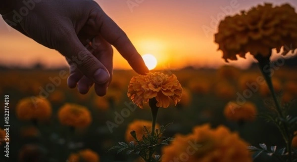 Obraz Golden Touch: A Hand Caressing a Marigold in a Vibrant Sunset Field