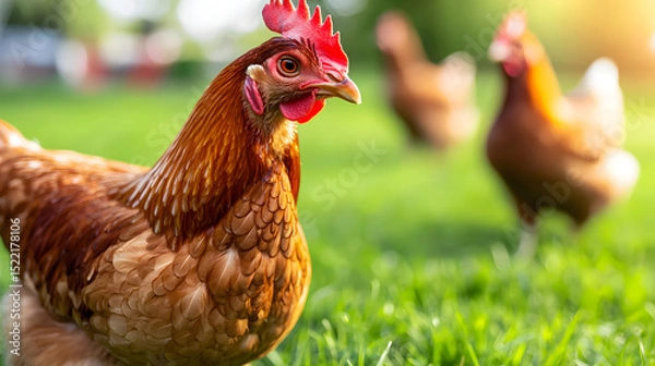 Obraz A brown chicken stands on green grass with other chickens blurred in the background in bright sunlight.