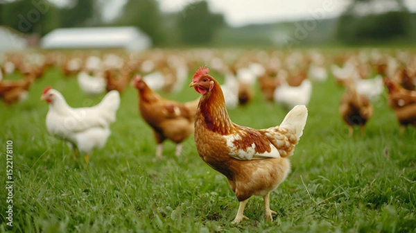 Obraz Chickens roam freely on a lush green pasture at a farm, with a blurred countryside background.