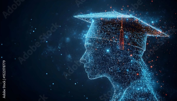 Fototapeta Abstract, glowing profile with graduation cap, rendered with sparkling blue and orange particles against a dark backdrop