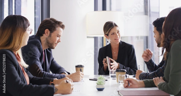 Fototapeta Woman, group and meeting with planning in office with agenda, happy and strategy for collaboration. People, discussion and listen for solution, review and team with feedback at insurance agency