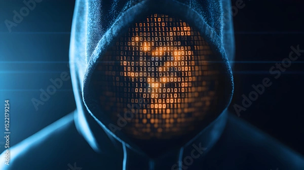 Obraz A hooded figure with a digital, binary code face, symbolizing cybercrime or hacking in a high-tech environment.