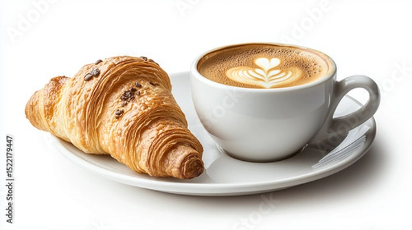 Obraz Coffee and croissant served on a white plate for a fresh morning breakfast in a cozy cafe setting