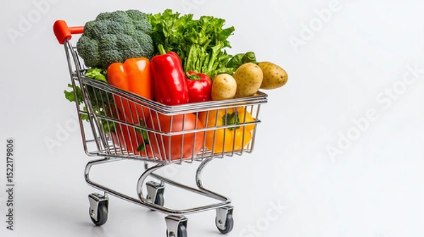 Obraz Shopping cart filled with fresh vegetables and fruits on white background for healthy organic grocery shopping