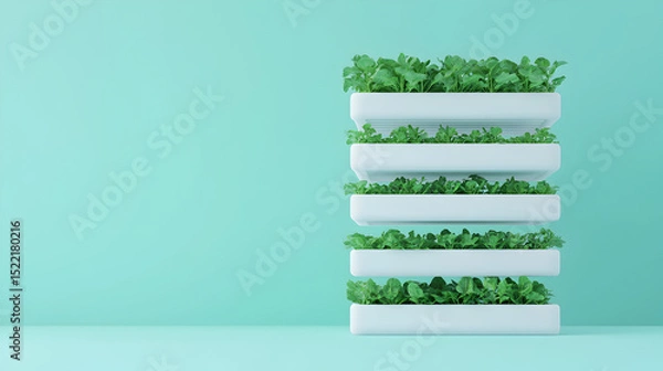 Obraz Modern vertical garden with lush green plants in stacked white planters against a pastel teal background.