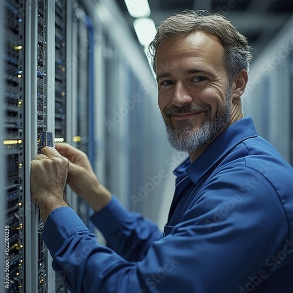 Obraz Smiling IT Professional Working on Servers in a Data Center Environment