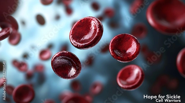Fototapeta Close-up illustration of red blood cells, highlighting both normal and sickle shapes, with a focus on sickle cell disease awareness.