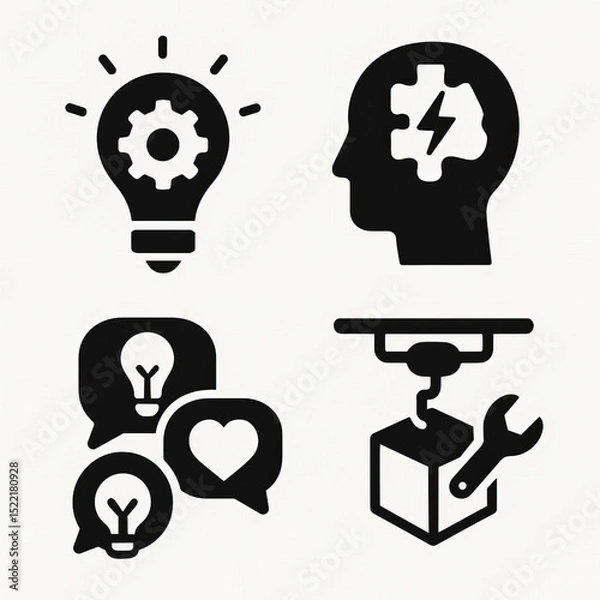 Fototapeta Innovation and Creativity Icons Set with Light Bulb Gear, Brain Lightning, Idea Chat, and Robotic Arm in Bold Black Style