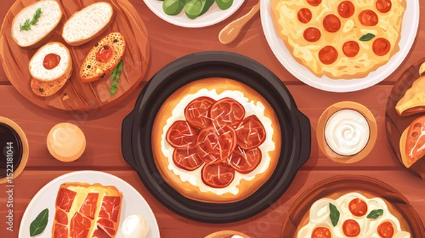 Obraz A delicious assortment of pizzas, bread, and fresh ingredients is arranged on a wooden table, ready for a meal.