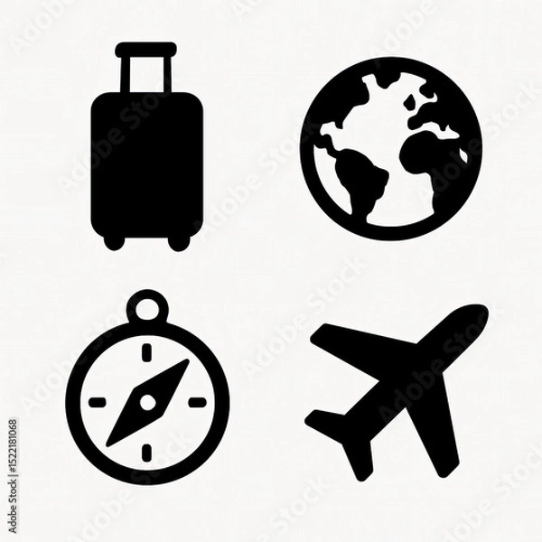 Fototapeta Travel and Exploration Icons Set with Suitcase, Globe, Compass, and Airplane in Solid Black Style