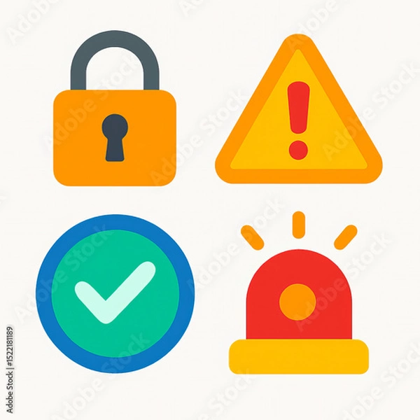 Fototapeta Colorful Security and Safety Icons Set with Lock, Warning Triangle, Checkmark, and Alarm Light Symbols