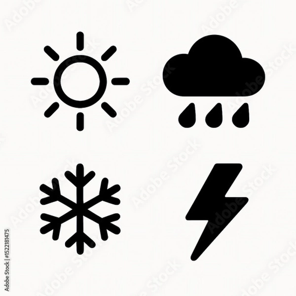 Fototapeta Weather Icons Set with Sun, Rain Cloud, Snowflake, and Lightning Bolt in Solid Black Style
