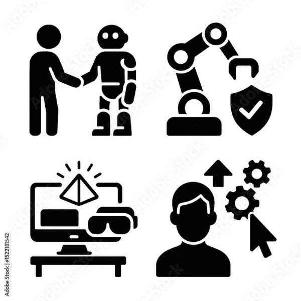 Obraz Future Technology Icons Set with Human-Robot Interaction, Robotic Arm, Virtual Reality Setup, and User with Settings in Black Outline Style