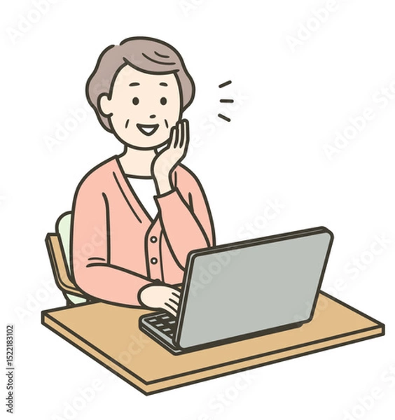 Obraz ノートパソコンを笑顔で操作する高齢女性の上半身イラスト