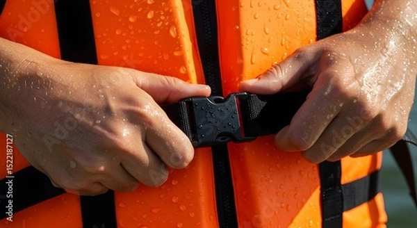 Fototapeta Securing Safety A Close-up of Hands Fastening a Life Jacket Buckle