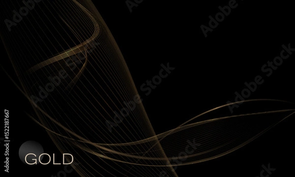 Obraz Isolated design element, golden exquisite shiny wavy figure on black background.