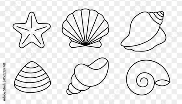 Fototapeta Sea shell linear icon collection. Clam, starfish, seashell, conch, cockleshell