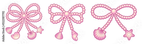 Fototapeta Coquette pearl bead bows set. Pink beads ribbons with shells
