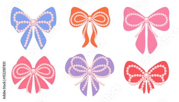 Fototapeta Colorful bowknot collection. Coquette bow with ribbon and beads set.