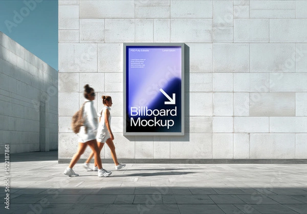 Obraz Vertical Billboard Mockup on Urban Stone Wall with People Walking