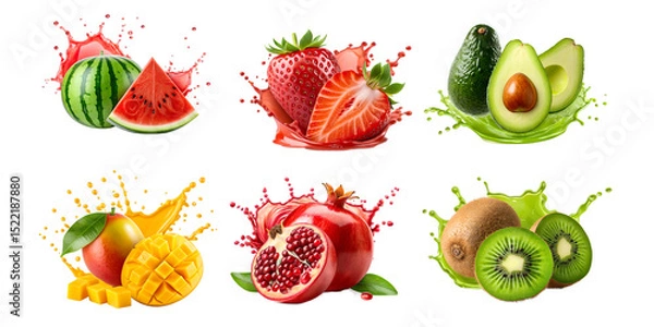 Obraz Watermelon, Strawberry, Avocado, Mango, Pomegranate, and Kiwi with Juice Splash Isolated on White Transparent Background