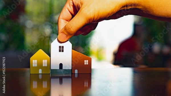 Fototapeta Hand choosing mini wood house model from model and row of coin money on wood table, selective focus, Planning to buy property. Choose what's the best. A symbol for construction ,ecology, loan concepts