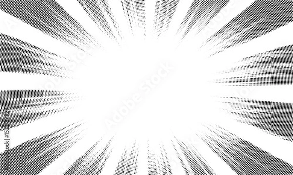 Fototapeta Pop art background with black halftone rays. Comic book retro style radial backdrop