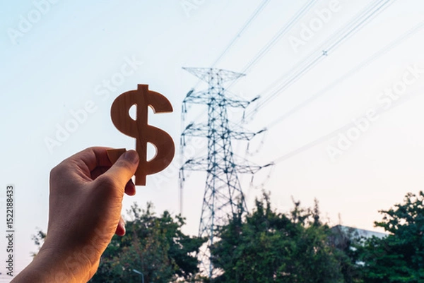 Fototapeta Businessman's hand holding a symbol Dollar with electric pole background, concept of electricity bills, electricity generation, public utility bills.