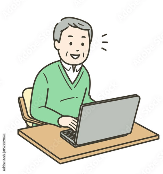 Fototapeta ノートパソコンを笑顔で操作する高齢男性の上半身イラスト