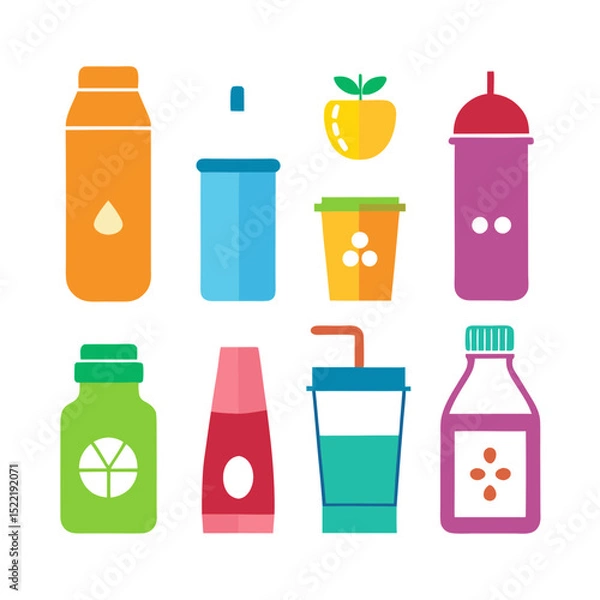 Fototapeta Assorted colorful drink containers and beverages on a white background