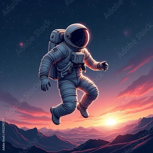 Fototapeta Astronaut Floating Over Mountain Range at Sunset Illustration