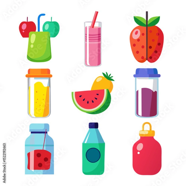 Fototapeta Vibrant assortment of cartoon-style fruit drinks and bottles illustration