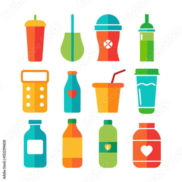 Fototapeta Colorful cartoon style drinks and containers on white background