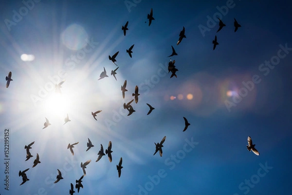 Fototapeta Flock of birds, A skyscape with flying birds photographed just as the sun's bright light passed through it, creating an impressive beam of light.