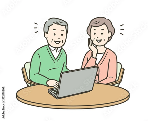 Obraz ノートパソコンを笑顔で操作する高齢男性と見守る高齢女性の上半身イラスト