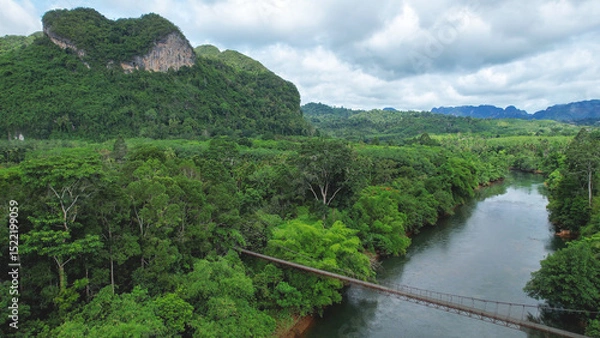 Fototapeta Aerial view of the bridge over the river with the greenery rainforest and mountains