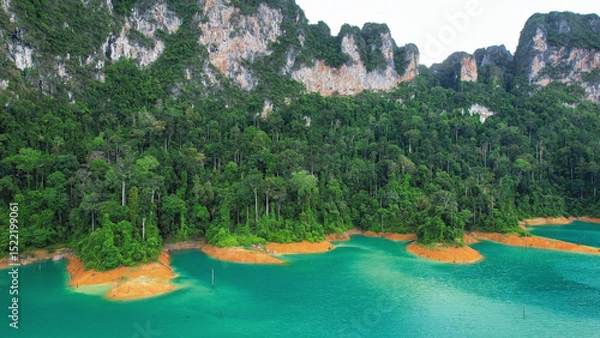 Fototapeta Aerial view of the reservoir and mountain views of Cheow Lan Lake, Khao Sok, Surat Thani Thailand