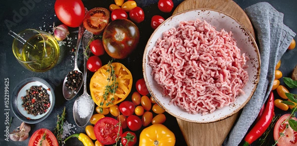 Obraz Ingredients for cooking - minced meat, tomatoes