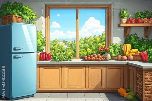 Fototapeta Cheerful  Refrigerator with Food Items by Window Overlooking Gardens and Houses | Whimsical Style