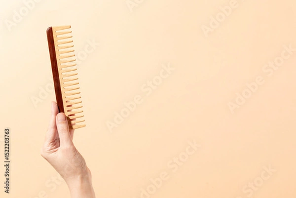 Fototapeta Hand holding Wooden Comb on white background with shadow simple image photo for beauty tools and market place