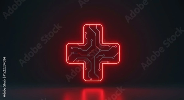 Fototapeta Glowing Red Medical Cross with Circuit Board Pattern on Dark Background
