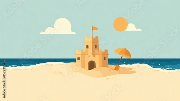 Fototapeta A summer beach with a sand castle and umbrella. Flat illustration of a small sandcastle in the sand on a beach, with a small shovel laying next to it