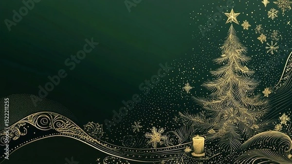 Fototapeta A gold Christmas tree on a dark green background with swirls and snowflakes