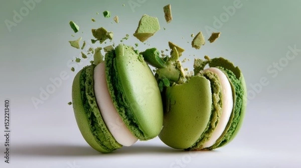 Fototapeta Two green pastries with white filling, one of which has been broken in half. Concept of indulgence and enjoyment, as the pastries are a delicious treat to be savored