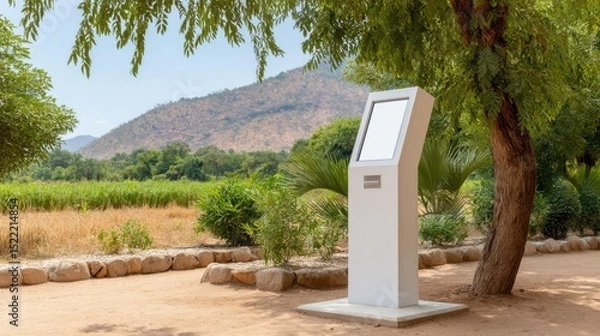 Fototapeta A digital kiosk stands outdoors near trees and a mountain, blending technology with a natural landscape.