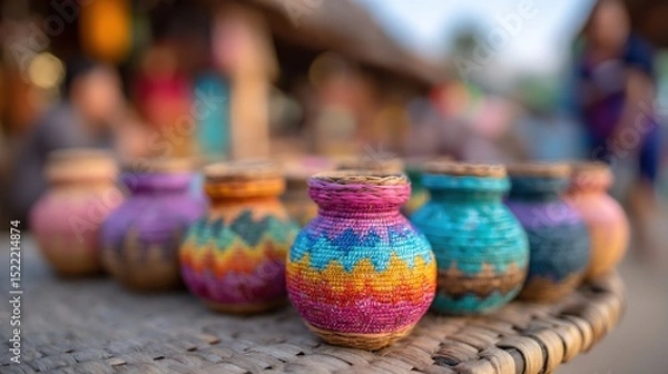 Fototapeta Colorful woven baskets are displayed on a woven surface at an outdoor market, showcasing traditional craftsmanship and vibrant patterns.