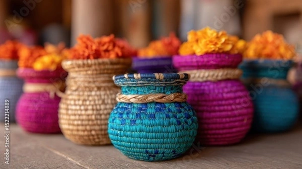 Fototapeta Colorful woven baskets filled with vibrant flowers arranged on a wooden surface.