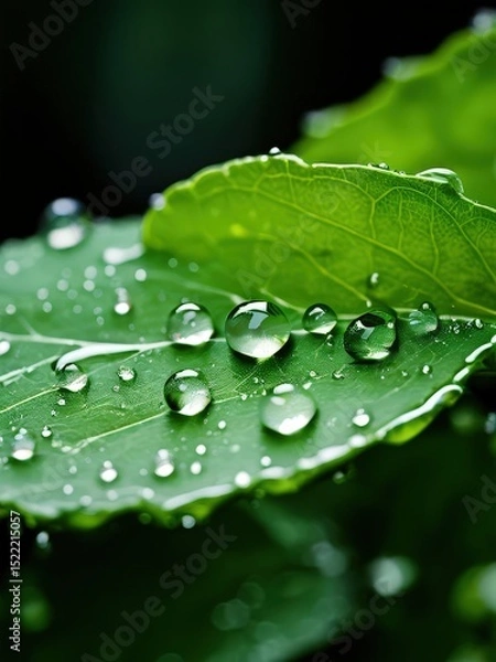 Fototapeta an AI Image Generator, Dewdrops Glimmering on a Green Leaf in Vibrant Natural Setting