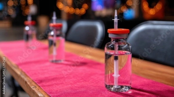 Fototapeta Several vials with syringes are placed on a red table runner in a modern indoor setting with blurred lights in the background.