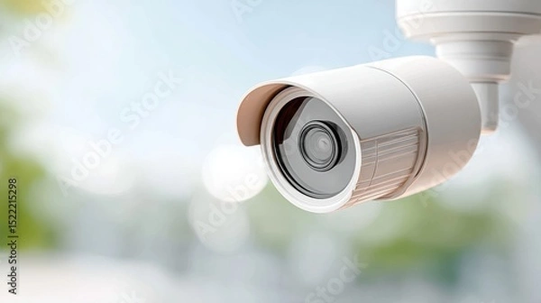 Fototapeta A modern outdoor security camera mounted on a wall, focused and ready for surveillance in a bright environment.